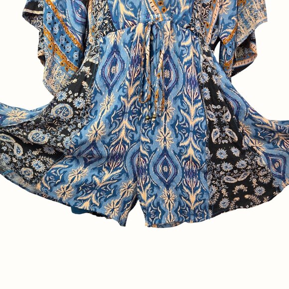 Free People Boho Blue & Brown Floral Print Tie-Waist Romper Size S - Picture 6 of 9